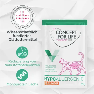 CONCEPT FOR LIFE VETERINARY DIET HYPOALLERGENIC SALMON 85 g, réduction des intolérances alimentaires, soutien de la peau, aliment monoprotéique au saumon. Texte en allemand visible. CONCEPT FOR LIFE VETERINARY DIET HYPOALLERGENIC SALMON 85 g, réduction des intolérances alimentaires, soutien de la peau, aliment monoprotéique au saumon. Texte en allemand visible.