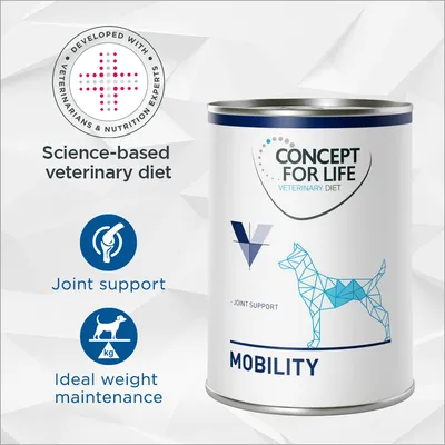 Science-based veterinary diet with joint support and ideal weight maintenance, developed with veterinarians and nutrition experts. Product shown: Concept for Life Mobility can.