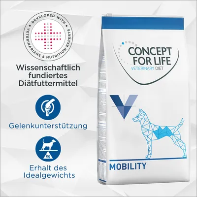 Concept for Life Veterinary Diet Mobility. Wissenschaftlich fundiertes Diätfuttermittel, Gelenkunterstützung, Erhalt des Idealgewichts. Entwickelt mit Tierärzten und Ernährungsexperten. Concept for Life Veterinary Diet Mobility. Wissenschaftlich fundiertes Diätfuttermittel, Gelenkunterstützung, Erhalt des Idealgewichts. Entwickelt mit Tierärzten und Ernährungsexperten.