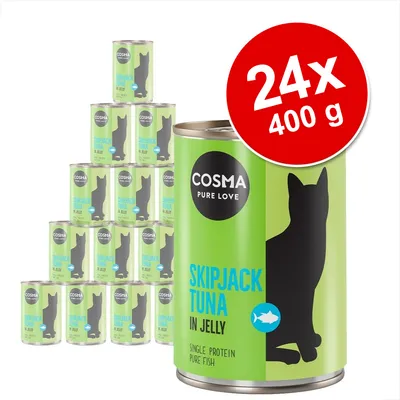 Cosma Pure Love Skipjack Tuna in Jelly, Single Protein Pure Fish. 24 x 400 g dåser kattemad vist med grøn emballage og sort kattefigur. Cosma Pure Love Skipjack Tuna in Jelly, Single Protein Pure Fish. 24 x 400 g dåser kattemad vist med grøn emballage og sort kattefigur.