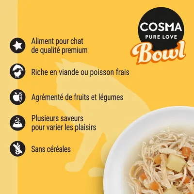 COSMA PURE LOVE Bowl. Aliment pour chat de qualité premium, riche en viande ou poisson frais, agrémenté de fruits et légumes, plusieurs saveurs, sans céréales.