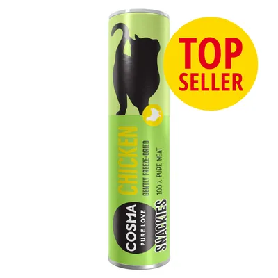 COSMA PURE LOVE SNACKIES CHICKEN, GENTLY FREEZE-DRIED, 100% PURE MEAT. Gul cirkel med rød tekst: TOP SELLER. Grøn tube med sort kattegrafik.