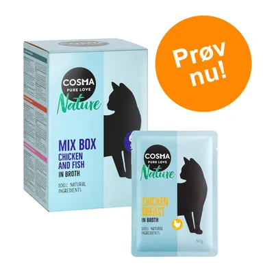 COSMA Pure Love Nature Mix Box Chicken and Fish in Broth, 100% natural ingredients. Enkeltpose: Chicken Breast in Broth 50 g. Orange cirkel med teksten 'Prøv nu!'.