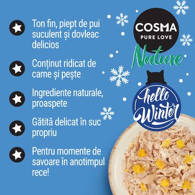 COSMA PURE LOVE Nature, hello Winter. Ton fin, piept de pui suculent și dovleac delicios. Conținut ridicat de carne și pește. Ingrediente naturale, proaspete. Gătită delicat în suc propriu.