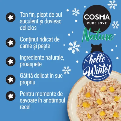 COSMA PURE LOVE Nature, hello Winter. Ton fin, piept de pui suculent și dovleac delicios. Conținut ridicat de carne și pește. Ingrediente naturale, proaspete. Gătită delicat în suc propriu.