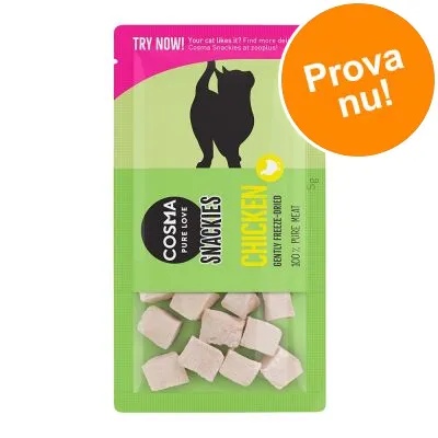 COSMA PURE LOVE SNACKIES CHICKEN, GENTLY FREEZE DRIED, 100% PURE MEAT. Prova nu! Förpackning med frystorkade kycklingbitar synliga genom fönster. COSMA PURE LOVE SNACKIES CHICKEN, GENTLY FREEZE DRIED, 100% PURE MEAT. Prova nu! Förpackning med frystorkade kycklingbitar synliga genom fönster.