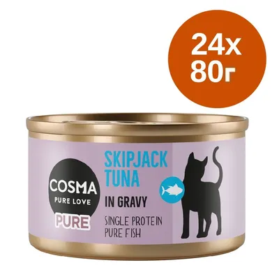 Консерва Cosma Pure Love Skipjack Tuna in Gravy, Single Protein Pure Fish, 24×80 г. Изображение на котка и риба върху опаковката.