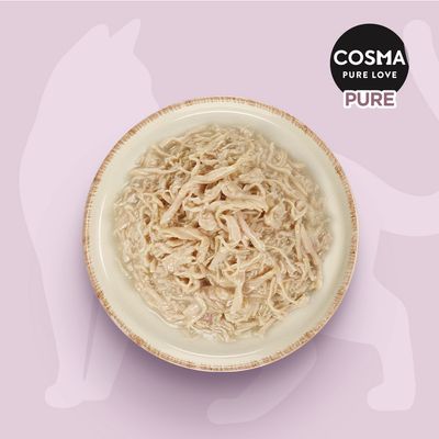 Cosma Pure Love PURE. Skål med fina kycklingstrimlor på rosa bakgrund.
