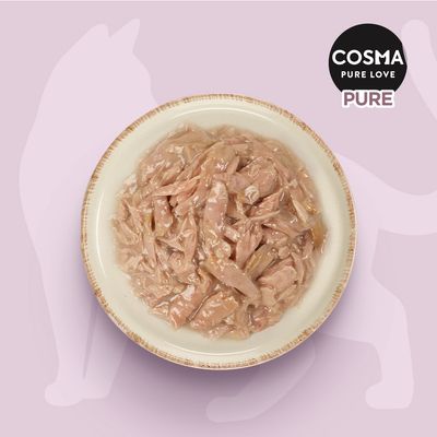 Cosma Pure Love PURE. Kulho, jossa on mureita lihapaloja kastikkeessa, vaaleanpunainen tausta ja kissan ääriviiva.