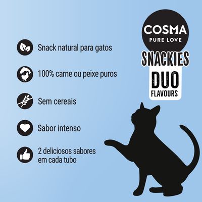 COSMA PURE LOVE SNACKIES DUO FLAVOURS. Snack natural para gatos, 100% carne ou peixe puros, sem cereais, sabor intenso, 2 deliciosos sabores em cada tubo.