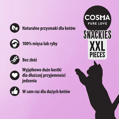 COSMA PURE LOVE SNACKIES XXL PIECES. Naturalne przysmaki dla kotów, 100% mięsa lub ryby, bez zbóż, wyjątkowo duże kostki, w sam raz dla dużych kotów.