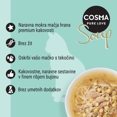 Cosma Pure Love Soup, brez žit, receptura, tuna s korenjem v nežni juhi. Embalaža prikazuje 12x40g porcijskih vrečk.