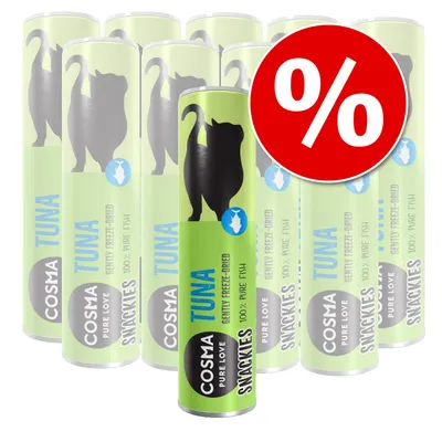 COSMA PURE LOVE SNACKIES TUNA, gently freeze dried, 100% pure fish. Mehrere Snackdosen mit rotem Prozentzeichen für Rabattaktion.