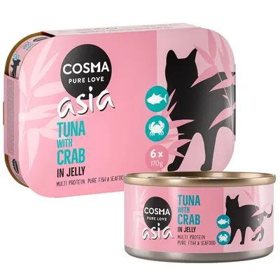 Cosma Asia comida para gatos, atún con cangrejo en gelatina, 6x170g. Multi-proteína, ingredientes puros de pescado y mariscos.