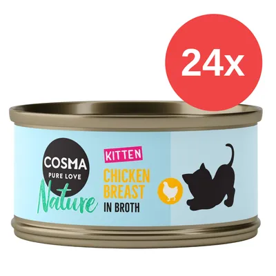 Lata de Cosma Pure Love Nature Kitten Chicken Breast in Broth, ilustración de gato negro y pollo, pack de 24 unidades indicado con círculo rojo y texto '24x'. Lata de Cosma Pure Love Nature Kitten Chicken Breast in Broth, ilustración de gato negro y pollo, pack de 24 unidades indicado con círculo rojo y texto '24x'.