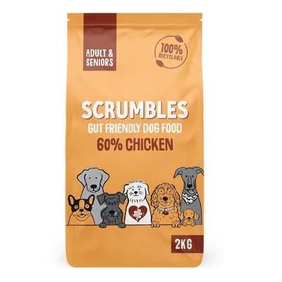 Scrumbles gut friendly dog food for adult and senior dogs, 60% chicken, 2kg pack, 100% recyclable packaging.