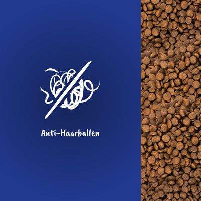 Anti-Haarballen Symbol und Nahaufnahme von braunen Kroketten.