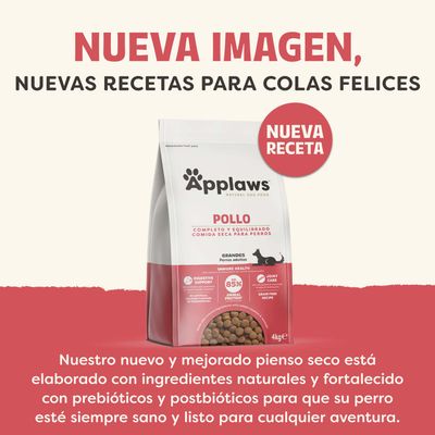 Applaws pienso de pollo para perros, nueva receta con ingredientes naturales, prebióticos y postbióticos. Nuevo envase y receta mejorada destacados.