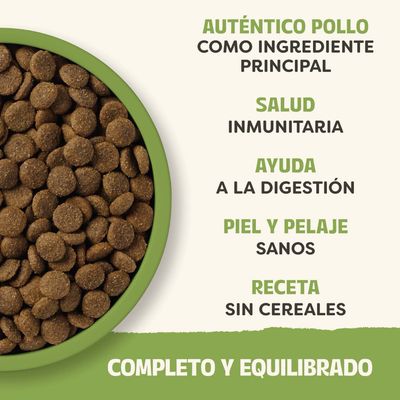 Auténtico pollo como ingrediente principal, salud inmunitaria, ayuda a la digestión, piel y pelaje sanos, receta sin cereales, completo y equilibrado.