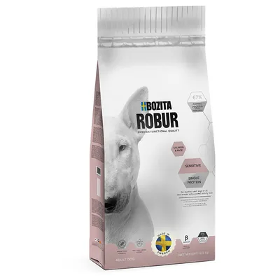 Bozita Robur Swedish Functional Quality hundefoder, Salmon & Rice, Sensitive, Single Protein, 67 % animal protein, Made in Sweden, nettovægt 12,5 kg. Til voksne hunde.