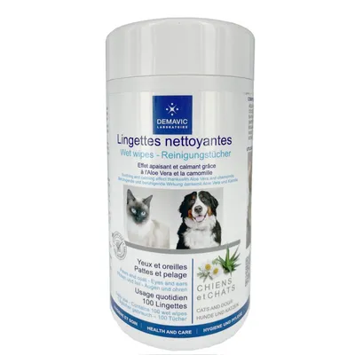 Demavic Lingettes nettoyantes, salviette detergenti per occhi, orecchie, zampe e pelo di cani e gatti, effetto lenitivo con aloe vera e camomilla, 100 pezzi, uso quotidiano.