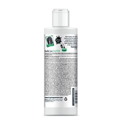 BugALugs Dental Care Solution bottle showing ingredients, usage instructions, and product information for pet oral hygiene. Text includes directions and website link.