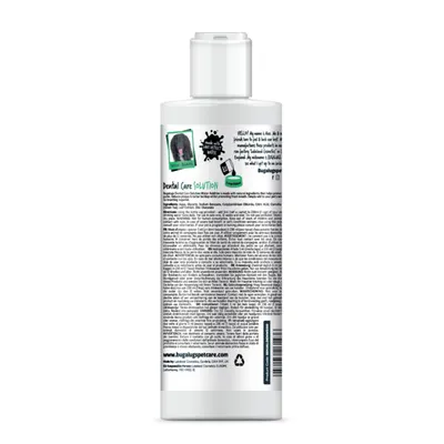 BugALugs Dental Care Solution bottle showing ingredients, usage instructions, and product information for pet oral hygiene. Text includes directions and website link.