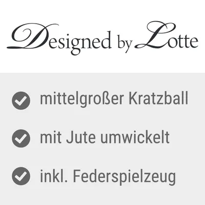 Designed by Lotte. Mittelgrosser Kratzball, mit Jute umwickelt, inkl. Federspielzeug.