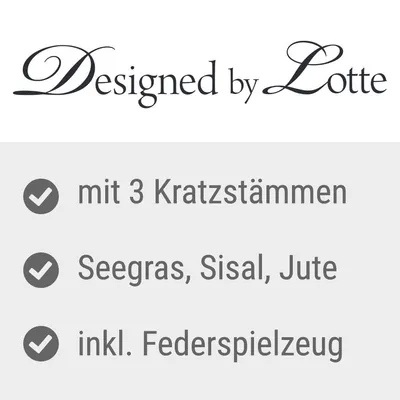 Designed by Lotte. Cu 3 stâlpi de zgâriat, materiale: iarbă de mare, sisal, iută. Include jucărie cu pene.