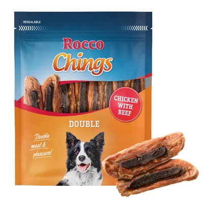 Rocco Chings Double, kurczak z wołowiną. Opakowanie z wizerunkiem psa i hasłem: Double meat & pleasure!