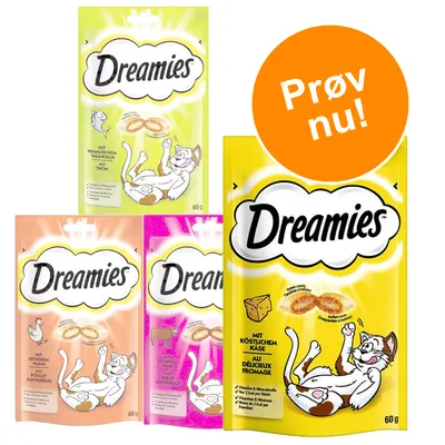 Fire poser Dreamies kattegodbidder, synlige varianter: kylling, oksekød, ost og tun. Orange cirkel med teksten 'Prøv nu!'. Hver pose indeholder 60 g. Fire poser Dreamies kattegodbidder, synlige varianter: kylling, oksekød, ost og tun. Orange cirkel med teksten 'Prøv nu!'. Hver pose indeholder 60 g.
