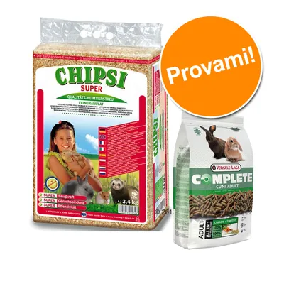 Confezione Chipsi Super lettiera 3,4 kg con pet e confezione Versele-Laga Complete Cuni Adult con conigli. Bollino arancione con testo: Provami!