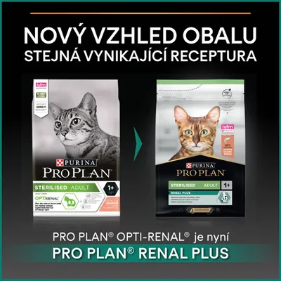Porovnanie starého a nového obalu Purina Pro Plan Sterilised Adult 1+ pre mačky. Opti-Renal je teraz Renal Plus. Text v češtine: Nový vzhled obalu, stejná vynikající receptura.