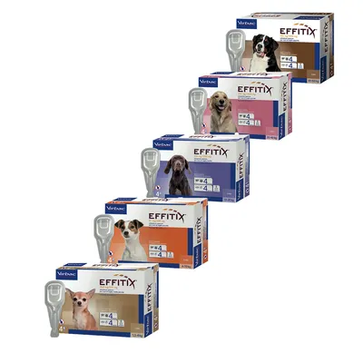 Confezioni di Virbac EFFITIX per cani di diverse taglie, ciascuna con immagine di cane e pipetta visibile sulla scatola. Cinque varianti mostrate in fila. Confezioni di Virbac EFFITIX per cani di diverse taglie, ciascuna con immagine di cane e pipetta visibile sulla scatola. Cinque varianti mostrate in fila.