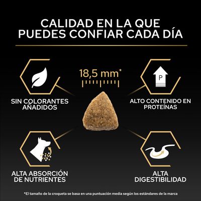 Tamaño de croqueta 18,5 mm, sin colorantes añadidos, alto contenido en proteínas, alta absorción de nutrientes, alta digestibilidad. Calidad en la que puede confiar cada día.