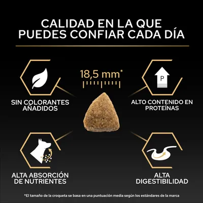 Tamaño de croqueta 18,5 mm, sin colorantes añadidos, alto contenido en proteínas, alta absorción de nutrientes, alta digestibilidad. Calidad en la que puede confiar cada día. Tamaño de croqueta 18,5 mm, sin colorantes añadidos, alto contenido en proteínas, alta absorción de nutrientes, alta digestibilidad. Calidad en la que puede confiar cada día.
