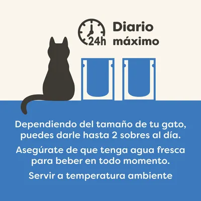 Cantidades recomendadas: Hasta 2 sobres al día, proporcionar agua fresca, servir a temperatura ambiente. La cantidad máxima diaria depende del tamaño del animal. Cantidades recomendadas: Hasta 2 sobres al día, proporcionar agua fresca, servir a temperatura ambiente. La cantidad máxima diaria depende del tamaño del animal.