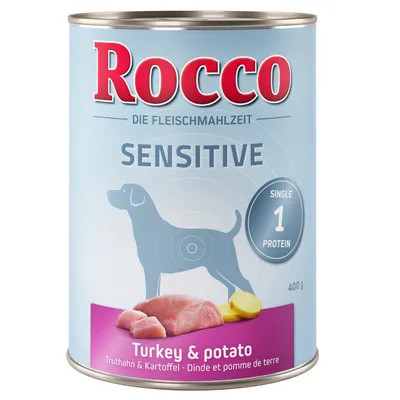 Rocco Die Fleischmahlzeit Sensitive, Single 1 Protein, 400 g. Turkey & potato. Truthahn & Kartoffel. Dåse med billede af hund, kalkunkød og kartoffelstykker.