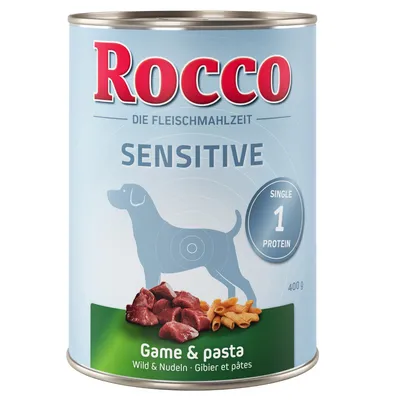 Rocco Sensitive hondenvoer, 400 g blik. Tekst: Die Fleischmahlzeit, Single 1 Protein, Game & pasta, Wild & Nudeln, Gibier et pâtes. Afbeelding van hond, vlees en pasta.