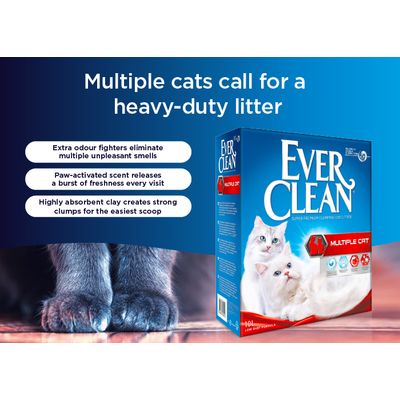 Ever Clean Super Premium hrudkujúci stelivo pre mačky, Multiple Cat, 10L, nízkoprašná formula. Vlastnosti: viazanie zápachu s aktívnym uhlím, aktivácia vône, sviežosť, dodatočné bojovníky proti zápachu.