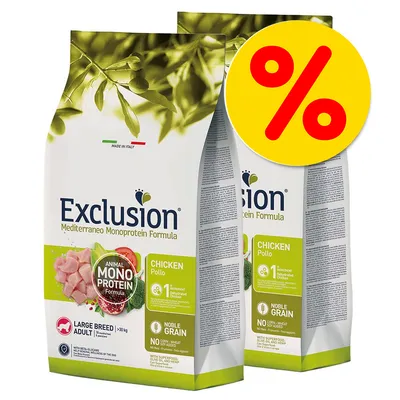 To sække Exclusion Mediterraneo Monoprotein Formula Chicken Pollo til store hunde, mærket med Animal Mono Protein, Noble Grain, tilbudssymbol i gult med rød procenttegn. To sække Exclusion Mediterraneo Monoprotein Formula Chicken Pollo til store hunde, mærket med Animal Mono Protein, Noble Grain, tilbudssymbol i gult med rød procenttegn.
