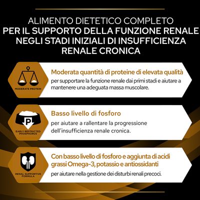 Alimento dietetico completo per supporto della funzione renale: moderata quantità di proteine, basso livello di fosforo, aggiunta di Omega-3, potassio e antiossidanti. Testo in italiano.