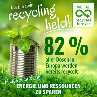 Ich bin dein recycling held! 82 % aller Dosen in Europa werden bereits recycelt. Helfen auch Sie mit, Energie und Ressourcen zu sparen. METAL recycles forever.