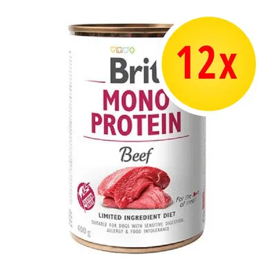 Brit Mono Protein Beef, confezione da 12x400 g. Testo visibile: LIMITED INGREDIENT DIET. Immagine di carne rossa sulla lattina.