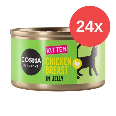 Confezione da 24 lattine Cosma Pure Love Kitten Chicken Breast in Jelly, petto di pollo in gelatina per gattini, testo visibile sull'etichetta verde.