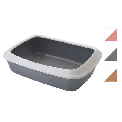 Open kattenbak van grijs plastic met witte rand, rechthoekig model. Drie kleurvarianten zichtbaar als kleine vakjes: wit-roze, wit-grijs, wit-bruin.