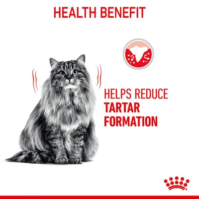 Tekst: HEALTH BENEFIT, HELPS REDUCE TARTAR FORMATION. Billede af kat og tandgrafik med rød baggrund. Synlig kroneformet mærke nederst.
