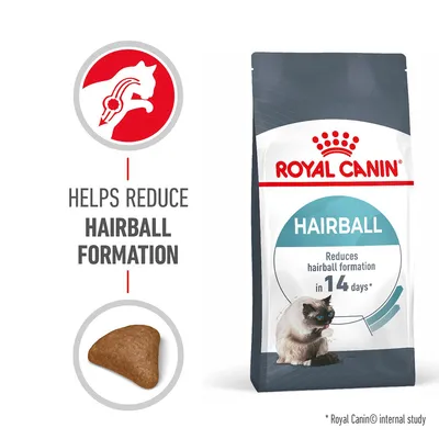 Product image showing food that helps reduce hairball formation, with text stating it reduces hairball formation in 14 days and a visual of the kibble shape.