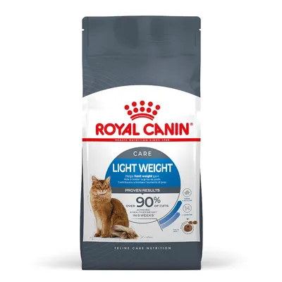 Light Weight Care dry food, helps limit weight gain. Proven results: over 90% achieved a healthier weight in 8 weeks. Shown with kibble image and feeding icons.