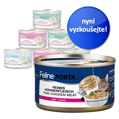 Konzervy Feline PORTA 21, nápis na plechovce: FEINES HÜHNERFLEISCH FINE CHICKEN MEAT pur/pure, bez přidaného cukru. Modré kolečko s textem: nyní vyzkoušejte!